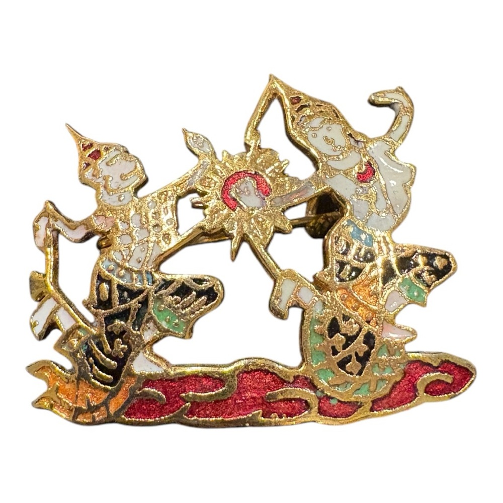 Vintage Asian Folklore Enamel Dancing Figures Brooch Gold Tone J23